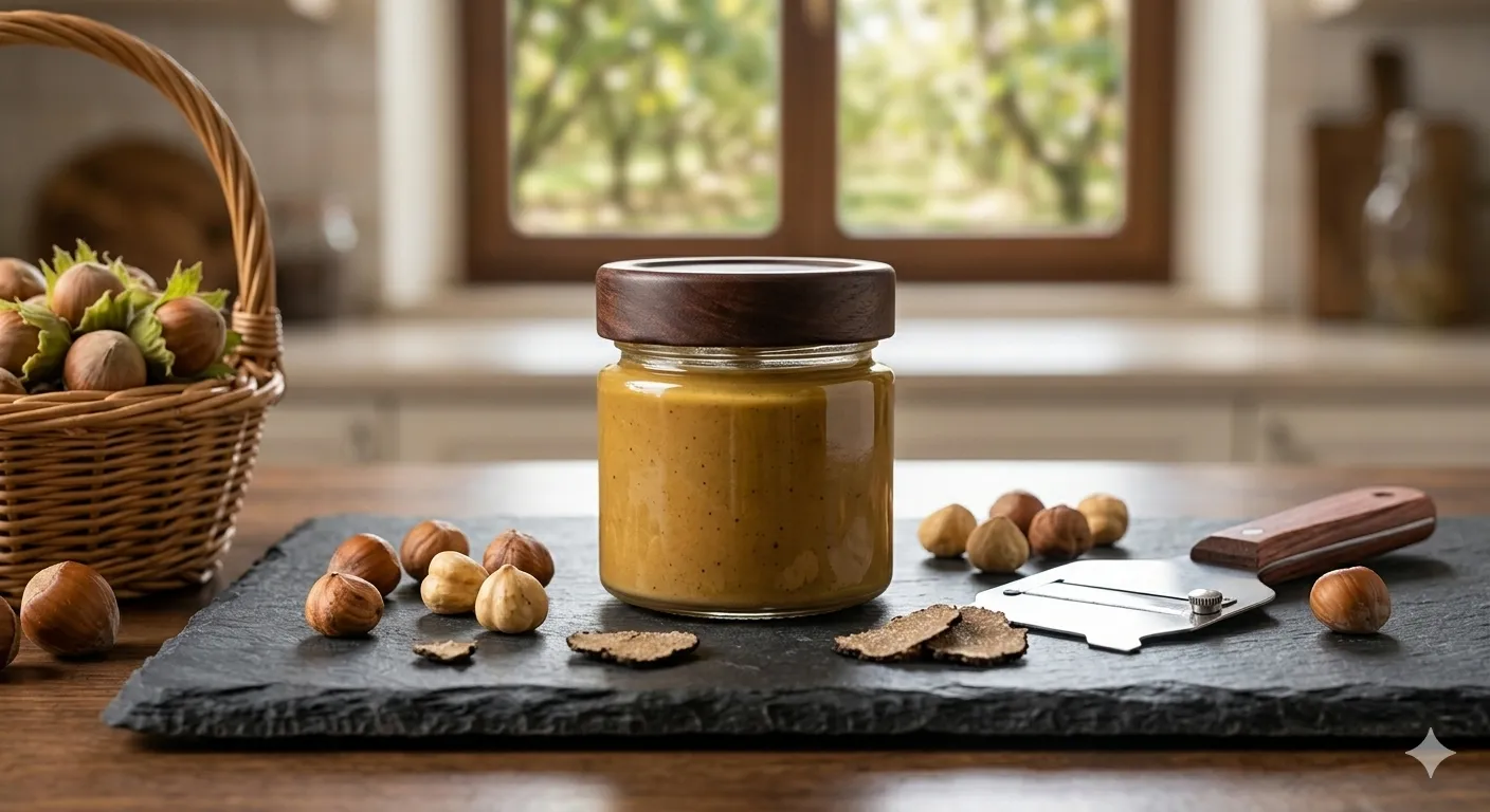 Haselnuss-Pesto mit Trüffel und Haselnussöl auf einer Schieferplatte – Gourmet-Küche aus dem Piemont
